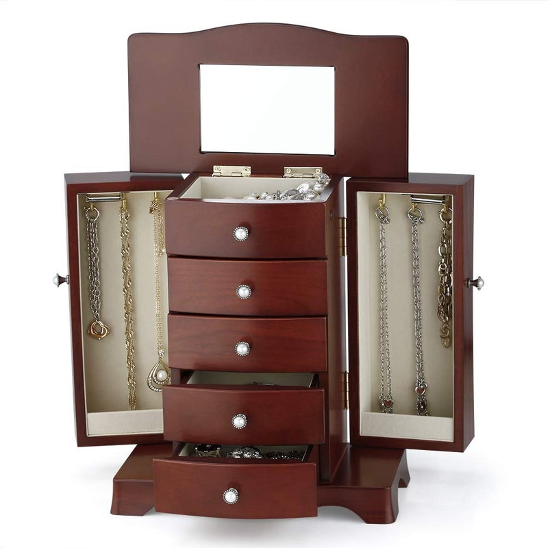 RR ROUND RICH DESIGN Jewelry Box - Made of Solid Wood with Tower Style 4 Drawers Organizer and 2 Separated Open Doors on 2 Sides and Large Mirror Brown - Image 3